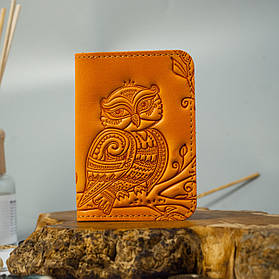 Обкладинка для ID паспорта жіноча шкіряна помаранчева з тисненням Сова | Обкладинка на права