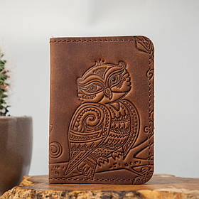 Обкладинка для ID паспорта жіноча шкіряна світло-коричнева з тисненням Сова | Обкладинка на права 4 віддіди