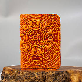 Обкладинка для ID паспорта жіноча шкіряна помаранчева з тисненням Сонечко | Обкладинка на права