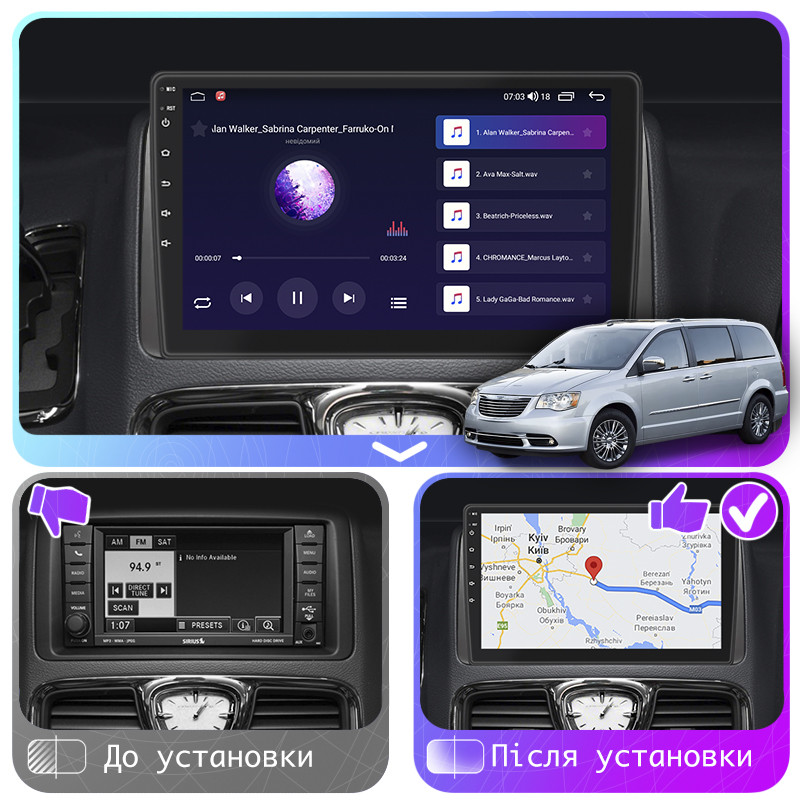 Al Штатна магнітола для Chrysler Voyager 5 Рестайлінг 2011-2016 екран 9" 4/64Gb CarPlay 4G Wi-Fi GPS Prime Android, фото 1