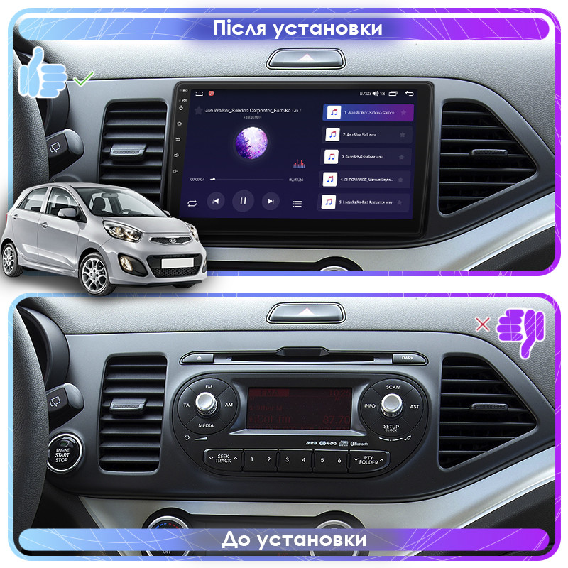 Al Штатна магнітола для Kia Picanto 2 2011-2015 екран 9" 2/32 Gb CarPlay 4G Wi-Fi GPS Prime Android, фото 1