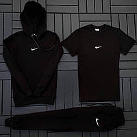 Спортивный костюм Nike черный мужской двунитка весна-осень , Комплект Найк черный Штаны + Худи + Футболка