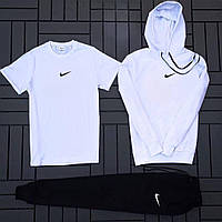 Спортивный костюм Nike черно-белый мужской двунитка весна-осень , Комплект Найк Штаны и Худи и Футболка