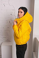 Женская Желтая короткая куртка весна-осень с капюшоном. Желтый весенний пуховик с капюшоном. Размер S