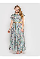 Женское длинное роскошное фисташковое платье солнце-клеш в цветочный принт синее большого размера