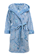 Теплый женский домашний халат миди с капюшоном голубой принт