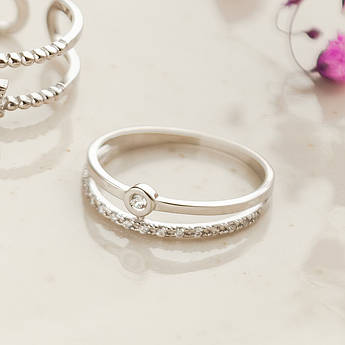 Каблучка срібна подвійна Гармонія з білими фіанітами