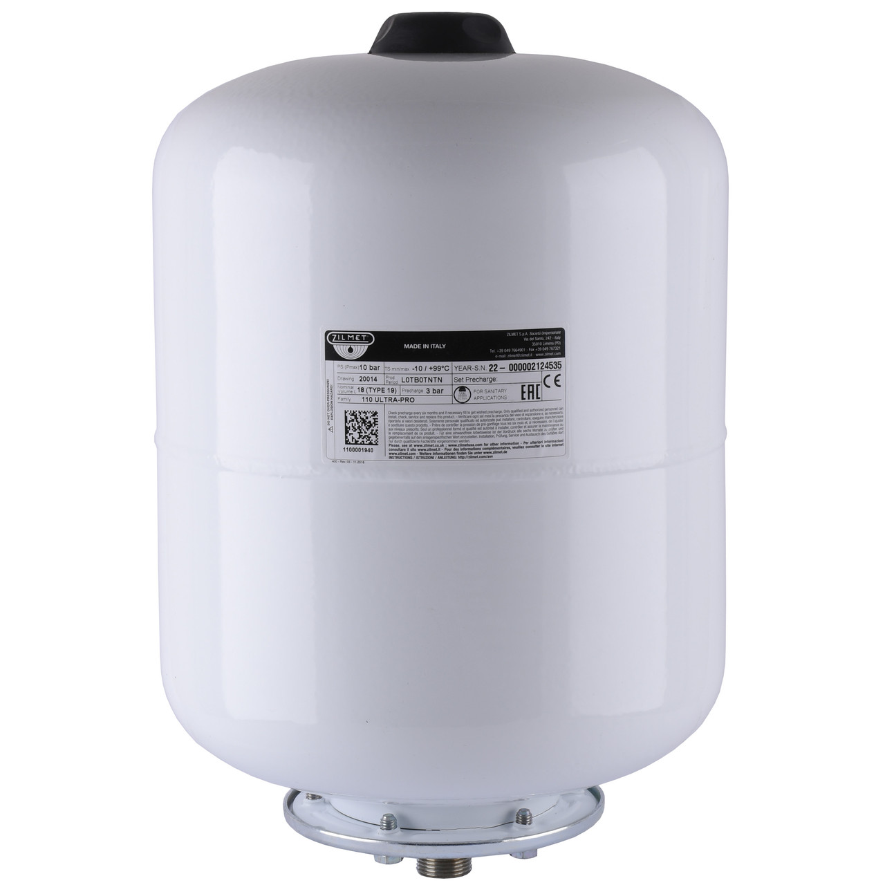 Гідроакумулятор вертикальний 19 літрів зі змінною мембраною Zilmet Ultra-Pro 10 Bar білий, фото 1
