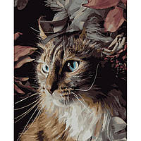 Картина по номерам Strateg ПРЕМИУМ Кот в цветах с лаком размером 30х40 см (SS-6520)