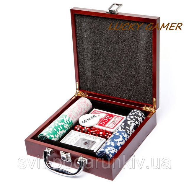 Набір для гри в покер у дерев'яній коробці 100 фішок із номіналом WS-1, фото 1