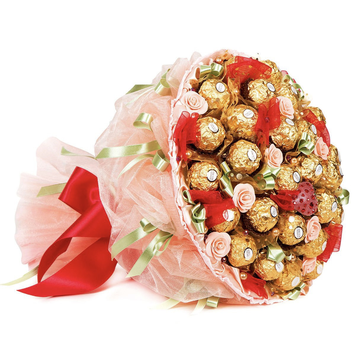 Букет з цукерок Ферреро Роше Ferrero (31 шт.) в руку персиковий