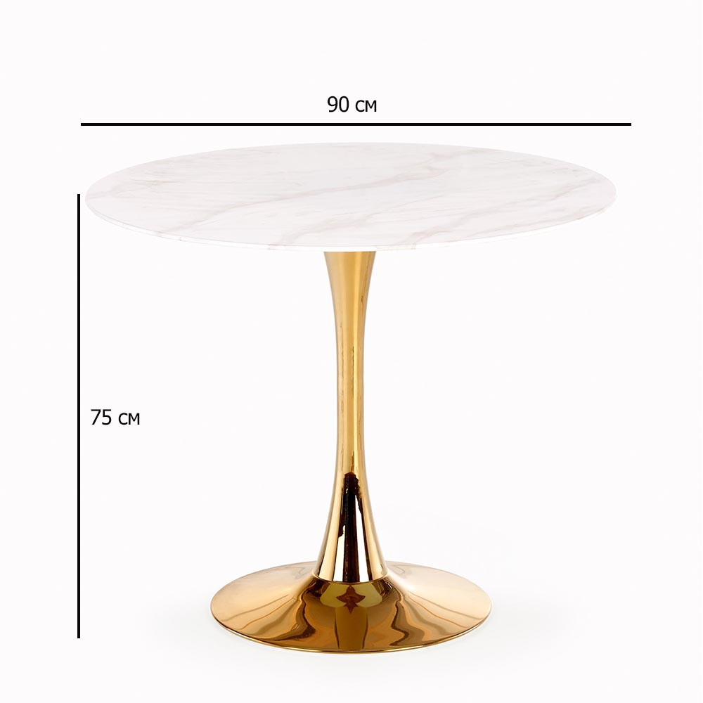 Білий мармуровий круглий стіл зі скла Casemiro 90х75 см на золотій ніжці у стилі гламур для вітальні, фото 1