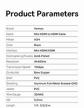 Кабель HDMI-miniHDMI v.2.0 Vention Metal GND 4K 60Hz 18Gbps HDR Video Dolby Audio 1.5m Black (AGHBG), фото 3