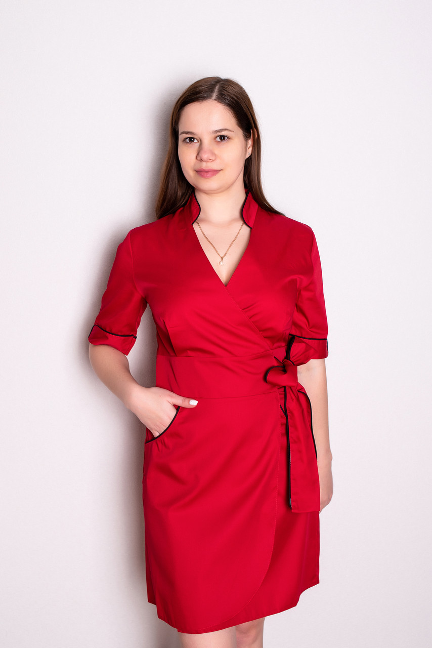 Халат медичний жіночий Рубіна (котон, червоний з чорним, р.42-56) Марія, фото 1