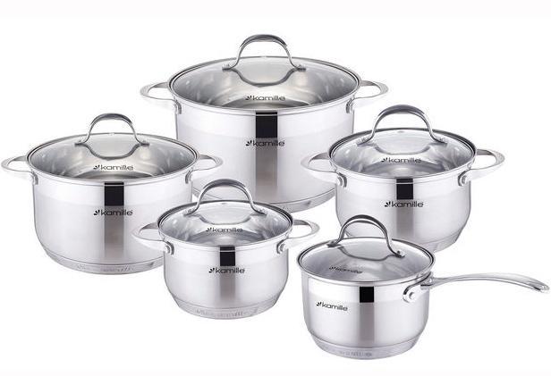 Набір посуду Kamille Mystery 4 каструлі 2.1л, smile 2.9л, smile 3.9л, smile 6.5л smile і ківш 2.1л, фото 1