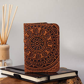 Обкладинка для ID паспорта жіноча шкіряна світло-коричнева з тисненням Сонечко | Обкладинка на права 4 відділи