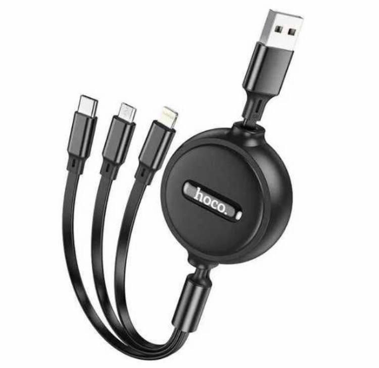 Кабель для зарядки телефонів HOCO X75 3 в 1 USB to Type-C+Lightning+MicroUSB 2A Чорний