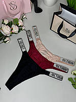 Женские трусики стринги Victoria s Secret со стразами белье Виктория Сикрет набор трусиков 3 шт Черный Бордовый Светло-розовый, Л