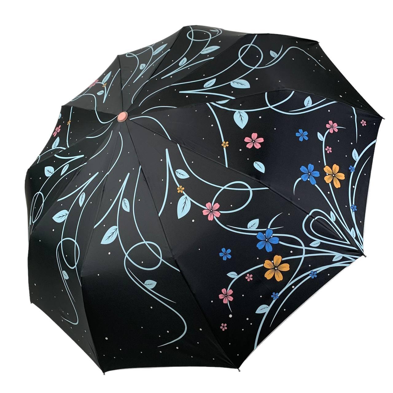 Жіноча парасоля напівавтомат від Bellissimo, чорний з квітами, ручка рожева, М0529-3