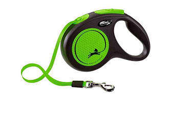 Flexi New Neon M — повідець-рулетка світловідбивна для собак до 25 кг, стрічка, 5 м Зелений