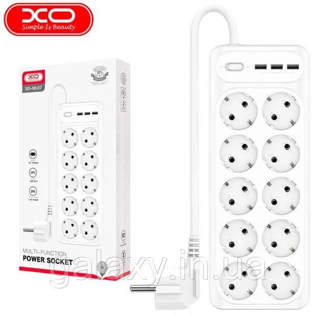Мережевий подовжувач 10 розеток 3хUSB 2м Мережевий фільтр XO WL07 White 4000 Вт