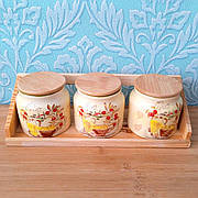 Банки для сипких продуктів ⁇ Ємність для чаю ⁇ Набір банок на дерев'яній підставці 3 шт.