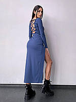 Стильное трикотажное женское платье миди со шнуровкой на спине и разрезом на ноге Smb7947