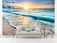 Флизелиновые 3Д фото обои волны на стену Закат на пляже (11040V)+клей
