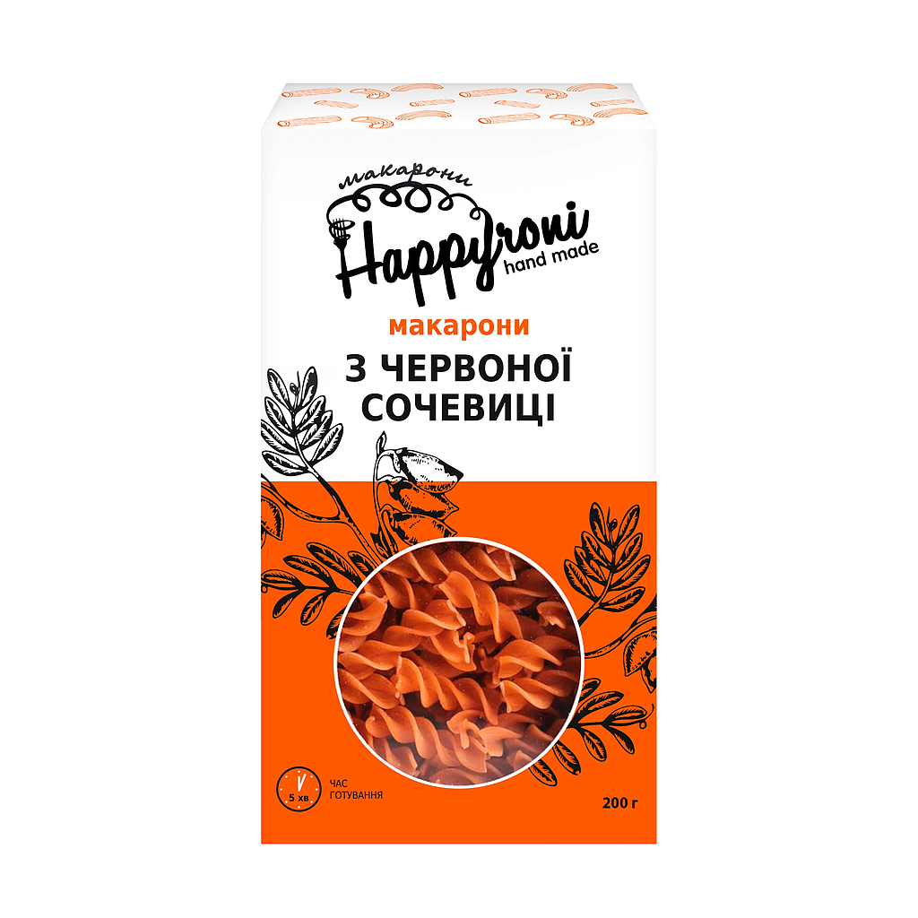 Макарони спіральки з червоної сочевиці 200г Happyroni