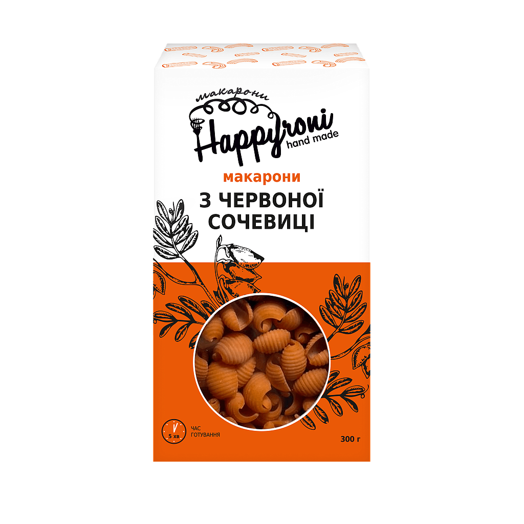 Макарони мушлі з червоної сочевиці 300г Happyroni
