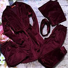 Жіночий домашній комплект 5 в 1, піжама та халат, велюровий комплект.