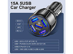 Автомобільний USB-зарядний пристрій із 5 портами bk-359 QC 3.0 15А Чорний