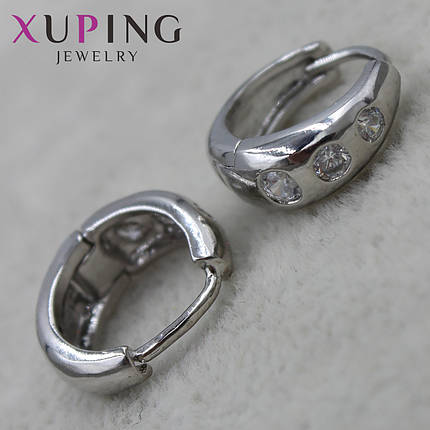 Серьги колечки позолота Белое Золото диаметр 14 мм толщина 5 мм фирма Xuping Jewelry с кристаллами, фото 1