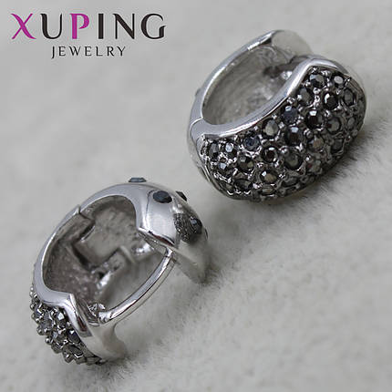 Серьги колечки Белое Золото диаметр 15 мм толщина 7 мм фирма Xuping Jewelry россыпь черных кристаллов, фото 1