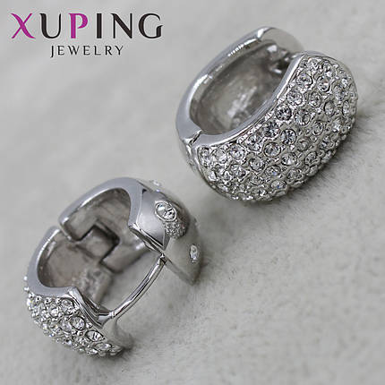 Серьги колечки Белое Золото диаметр 20 мм толщина 11 мм фирма Xuping Jewelry серебристые кристаллы бочонки, фото 1