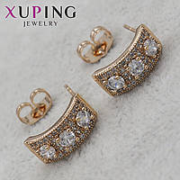 Серьги гвоздики пуссеты позолота размер 15 Х 6 мм фирма Xuping Jewelry золотистые полукруги с кристаллами