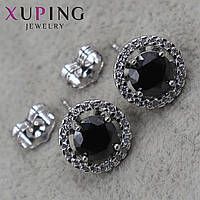 Серьги пуссеты гвоздики медицинское золото размер 11х11 мм фирма Xuping Jewelry с чёрным агатом со стразами