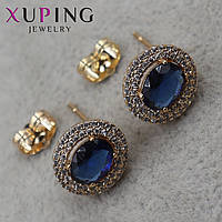 Серьги пуссеты гвоздики медицинское золото размер 12х10 мм фирма Xuping Jewelry с синими сапфирами
