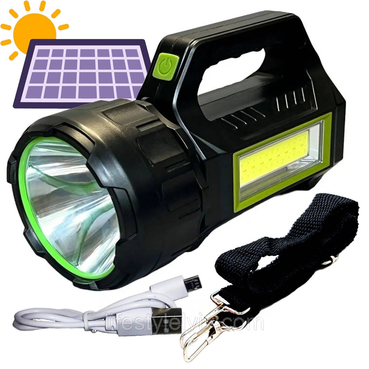 Ручний світлодіодний ліхтар HEL-T95 3в1 з сонячною панеллю, USB, PowerBank 30Вт / Акумуляторний ліхтар, фото 1