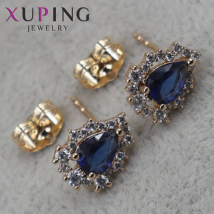 Серьги пуссеты гвоздики золотистого цвета размер 10х8 мм фирма Xuping Jewelry капельки с синими фианитами, фото 1