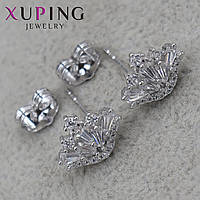 Серьги пуссеты гвоздики серебристого цвета размер 10х11 мм фирма Xuping Jewelry корона с хрустальными камнями