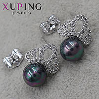 Серьги пуссеты гвоздики серебристого цвета размер 16х12 мм фирма Xuping Jewelry короны с цветной бусиной