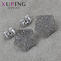 Серьги пуссеты гвоздики серебристого цвета размер 13х13 мм фирма Xuping Jewelry цветочки с сапфирами