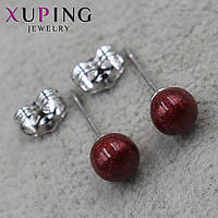 Серьги пуссеты гвоздики серебристого цвета размер 6х6 мм фирма Xuping Jewelry с бордовыми блестящими бусинами