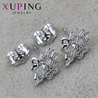 Серьги пуссеты гвоздики серебристого цвета размер 13х9 мм фирма Xuping Jewelry с хрустальными камушками