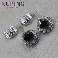 Серьги пуссеты гвоздики серебристого цвета размер 8х8мм фирма Xuping Jewelry с чёрным агатом и белыми стразами