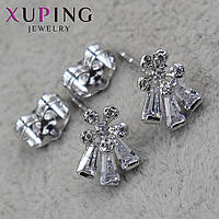 Серьги пуссеты гвоздики серебристого цвета размер 9х7 мм фирма Xuping Jewelry цветочки с хрустальными камнями