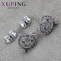 Серьги пуссеты гвоздики серебристого цвета размер 11х11 мм фирма Xuping Jewelry с хрустальными камушками