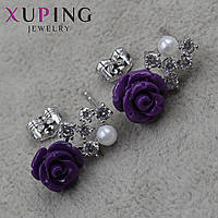 Серьги пуссеты гвоздики серебристого цвета размер 18х9 мм фирма Xuping Jewelry фиолетовые розочки со стразами