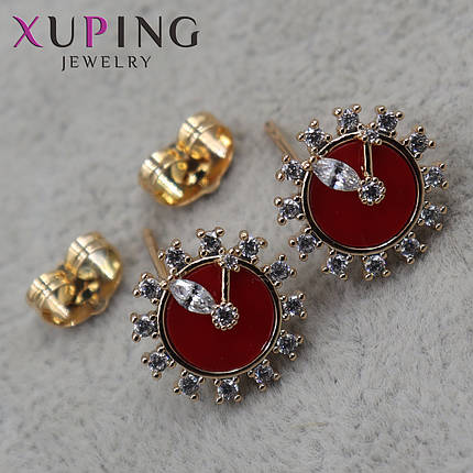 Серьги пуссеты гвоздики золотистого цвета размер 12х12 мм фирма Xuping Jewelry часики с кристаллами, фото 1